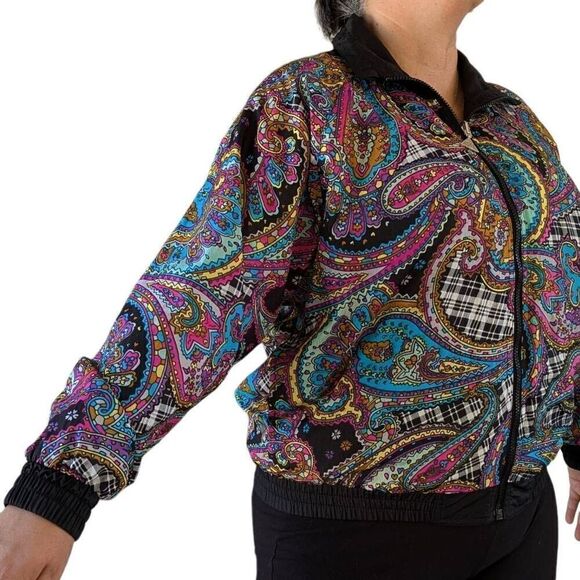Vintage 80s Windbreaker Jacket Black Paisley  Reversible Bomber Coat Size S Tren - Picture 12 of 13